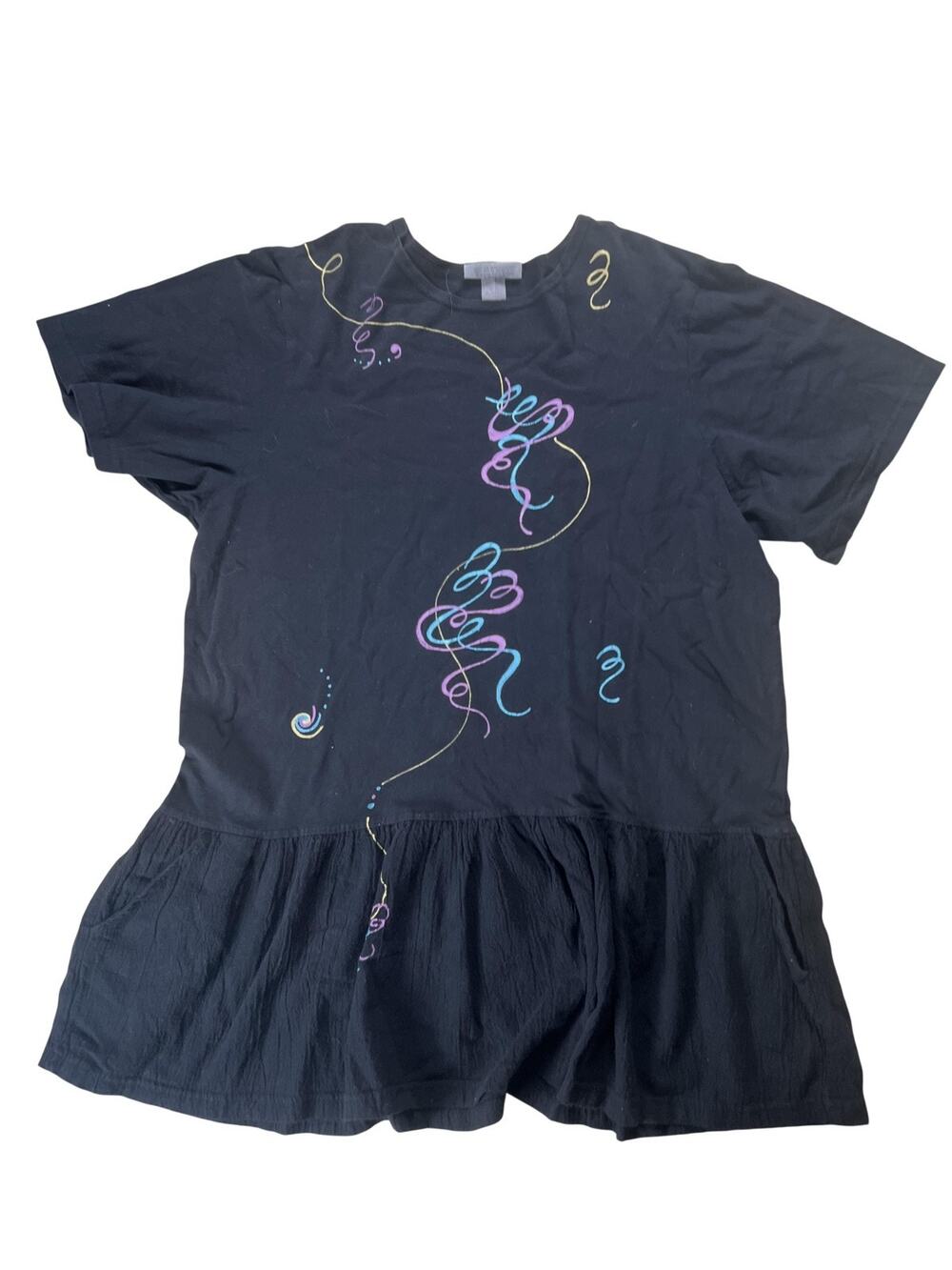 BLUE-EYED BEAR Tunic Womens L Black Ruffle Crew Neck Short Sleeve Casual - Picture 1 of 6